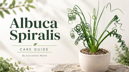 A clean botanical cover image for the Albuca Spiralis Care Guide by Succulents World, showing a potted Albuca spiralis plant with distinctive curly green leaves, soft natural lighting, and elegant care guide typography.